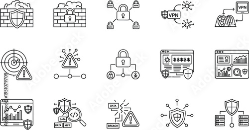 Cybersecurity and network protection line icons set with firewall, VPN, encryption, malware warning and secure data shield outline vector collection