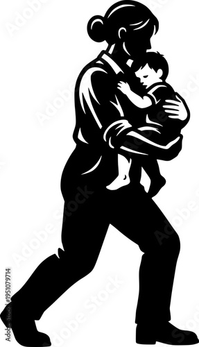 Vector silhouette of a mother carrying her sleeping child in her arms while walking. Concept of protection, motherhood, and family care.