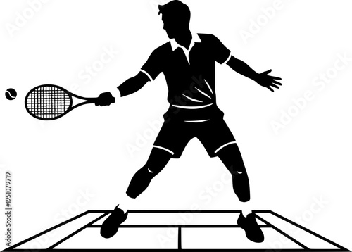 Professional tennis player hitting a backhand stroke on court. Black and white vector silhouette, action sports illustration for competition.