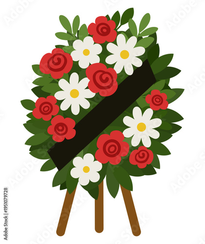 A funeral wreath of red roses and white daisies with green leaves, crossed by a black mourning ribbon, rests on a wooden stand as a symbol of remembrance.