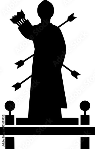 Religious silhouette of Saint Sebastian martyr with arrows on a processional float. Catholic icon for Holy Week and traditional Christian festivals.
