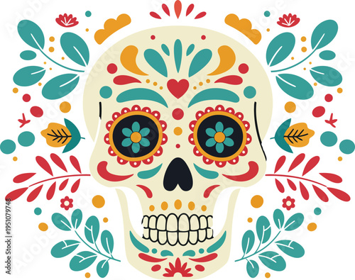 A cute cartoon illustration of a happy skull with flowers and a vintage sun design creates a funny summer nature pattern for a decorative tattoo mask
