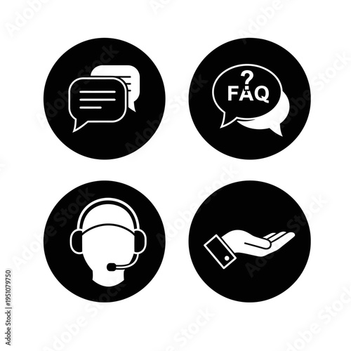 A collection of four circular icons representing customer support, communication, and assistance, set against a black background.