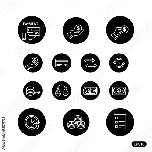 Collection of financial and payment icons, including credit cards, coins, cash, scales of justice, and a clock, presented on a white background.
