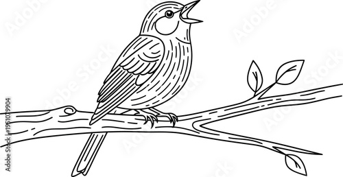 A beautiful outline illustration of a small songbird with its beak open, perched peacefully on a simple tree branch with delicate leaves, ready to sing a melodic tune, depicted in clean line art.