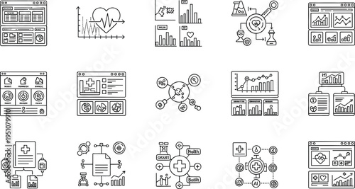 Data analytics and business dashboard line icons set with statistics charts, financial reports, KPI metrics and digital monitoring outline vector collection