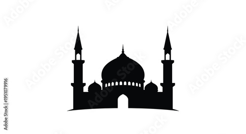 Silhouette of an islamic mosque with minarets against a white background