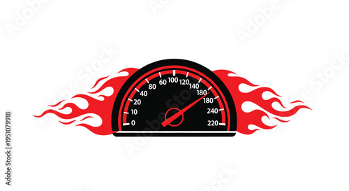 Flaming speedometer illustration with a red needle pointing to a high speed