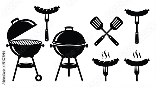 black and white silhouette of barbecue grills and sausages on skewers with utensils