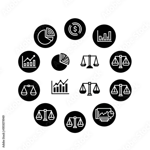 A circular arrangement of black icons representing financial analysis, legal scales, and business growth charts.