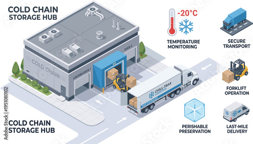Cold chain storage hub layout with refrigerated trucks loading docks and temperature monitoring vector illustration