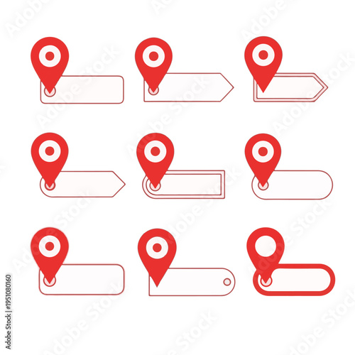 Set of location pin icons with labels, abstract graphic design elements for web and print, red map marker pointer placeholders for text