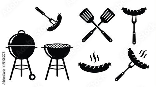 Black silhouettes of barbecue grills and food preparation tools for outdoor cooking