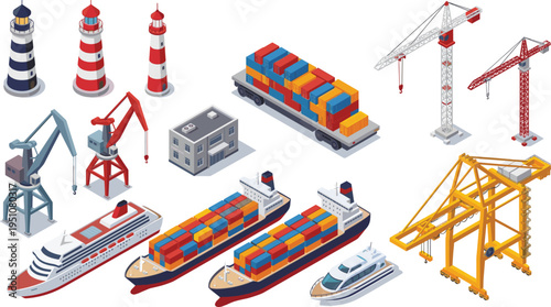 Maritime shipping port set with cargo ships container trucks cranes lighthouses and cruise vessel vector illustration
