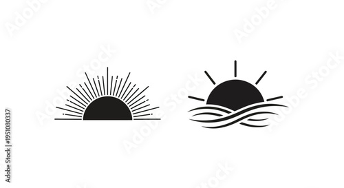 Minimalist black and white illustration of a sunrise and sun over waves