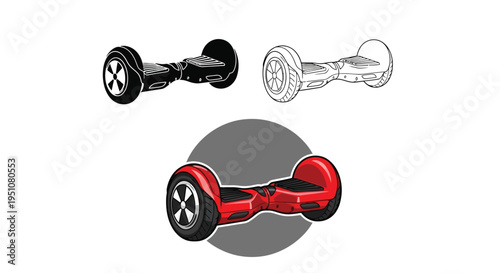 Three hoverboard illustrations solid black line drawing and red colorized view