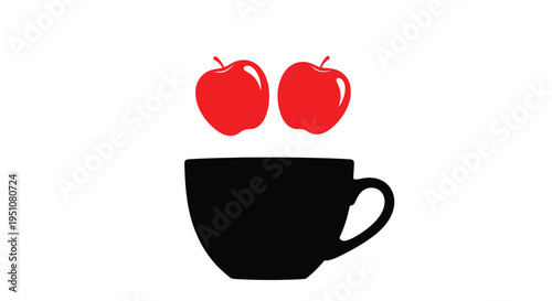 A stylized image featuring two red apples above a black coffee cup