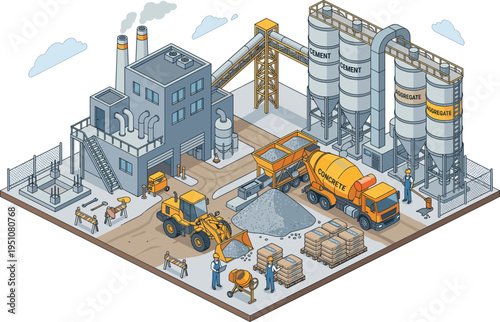 Concrete cement factory plant with silos mixer truck bulldozer and workers isometric vector illustration flat design