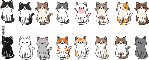 "Cartoon illustration of sixteen cute cats in two rows with diverse fur colors, playful expressions, and stylized design for decorative and educational projects"