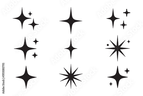 Sparkling stars and twinkles silhouette set. Black star burst and shine icons for magic, night sky, and festive decoration vector illustration.