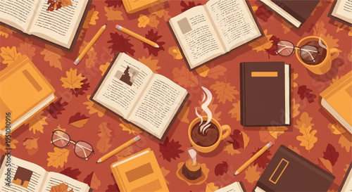 Cozy autumn study with books steaming coffee and notebooks on a leaf patterned tablecloth