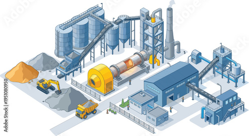 Concrete cement factory plant with silos mixer truck bulldozer and workers isometric vector illustration flat design