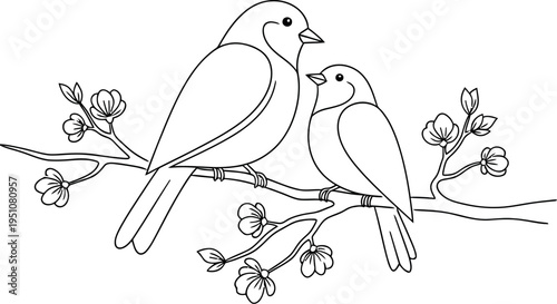 An adorable illustration of two charming birds sitting together on a beautiful blossoming branch, symbolizing love, spring, and natural beauty in a simple, minimalist line art style.