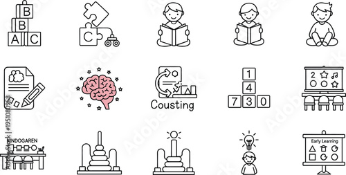 Early childhood education and preschool learning line icons set with alphabet blocks, reading kids, counting numbers and classroom activities outline vector collection