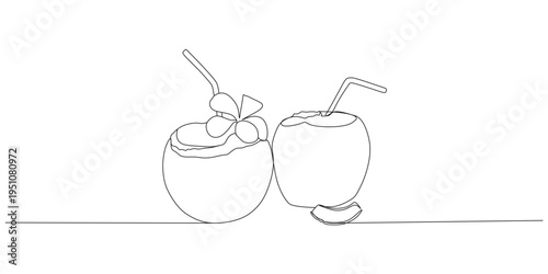 Minimalist Continuous Line Drawing of Two Fresh Coconuts with Straws and Tropical Garnish on Table