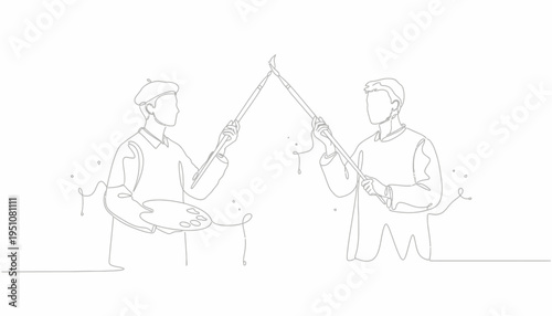 Two artists painting together, creative collaboration, artistic inspiration, minimalist line art