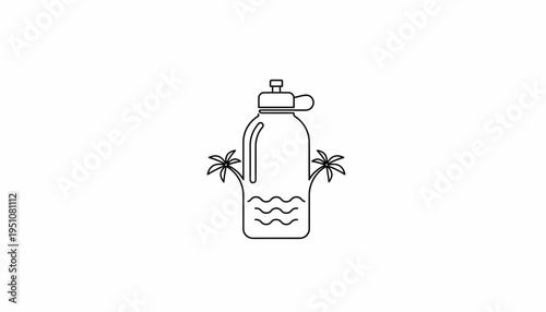 Tropical Water Bottle Icon with Palm Trees and Waves