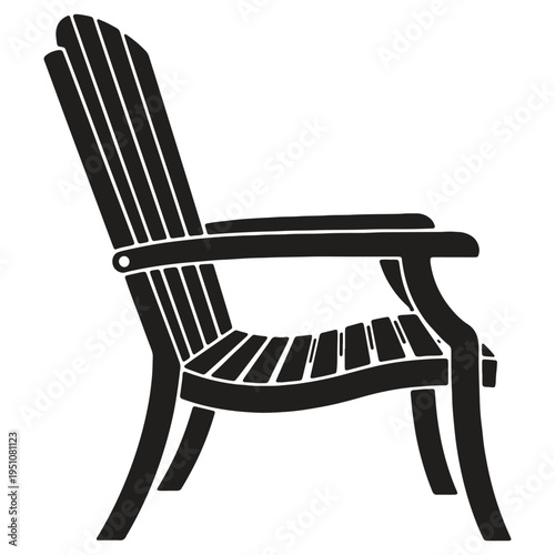Detailed silhouette illustration of a classic wooden Adirondack chair with slatted seat and backrest isolated on a white background perfect for outdoor leisure themes