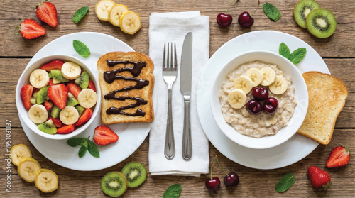 breakfast table with fruit and toast on wooden table