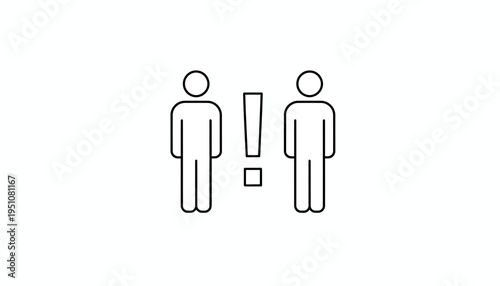 Two people icons with exclamation mark between them, social distancing concept