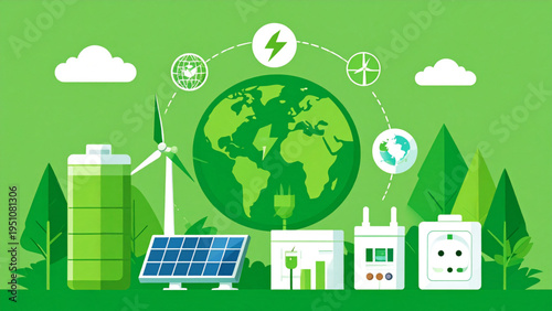 Renewable energy and power supply icons set featuring battery solar panel wind turbine electric plug and socket for green environment concepts