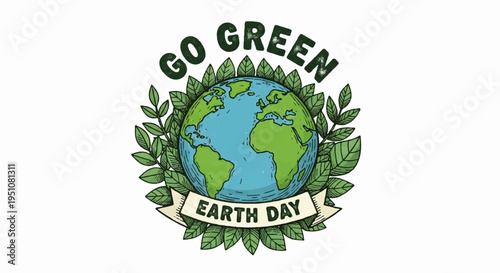 Earth day eco friendly logo with green leaves and globe on white background