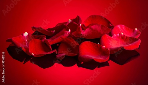 Beautiful red rose petals fall into a romantic heart shape on a white background, creating a floral symbol of love and beauty for a Valentine gift or wedding anniversary celebration