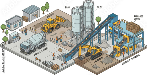 Industrial concrete sorting and packaging facility with silos conveyor belts excavator mixer truck and workers illustration