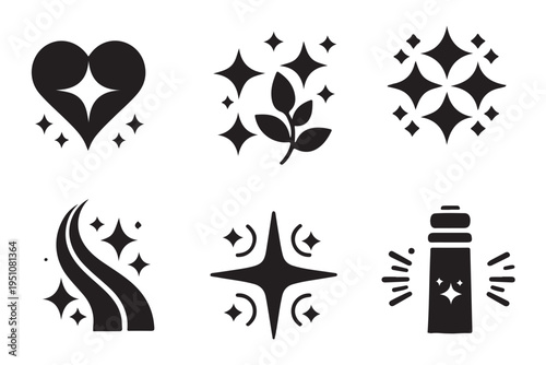 Sparkling stars and shine icons set. Black silhouette of magic wand, heart with sparkles, and star burst elements for cleaning and beauty logo vector illustration.