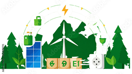 Renewable energy and power supply icons set featuring battery solar panel wind turbine electric plug and socket for green environment concepts
