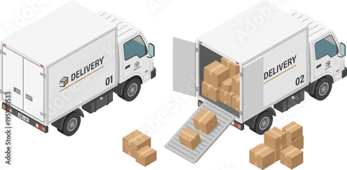 Isometric delivery truck vector set with open and closed cargo van, packages, and ramp