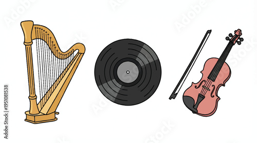 Cartoon musical instruments including harp vinyl record and violin