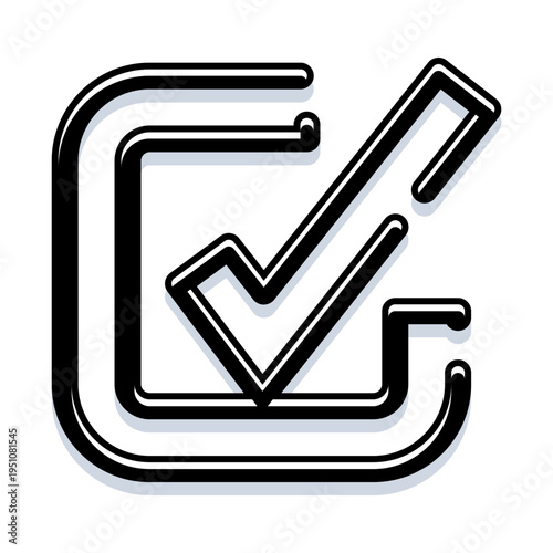 Check mark in a black outline box, indicating correct answer, successful verification, agreement, choosing options, voting, and completing surveys or tasks