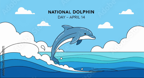 Dolphin jumping out of ocean wave on national dolphin day april 14th with blue sky and white clouds