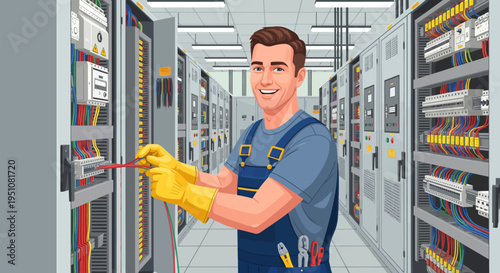 Electrician Repairing Electrical Panel Indoors