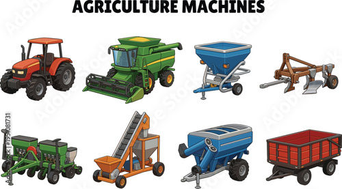 Agriculture Machines Equipment Set with Tractor Harvester and Plow cad drawing flat vector illustration