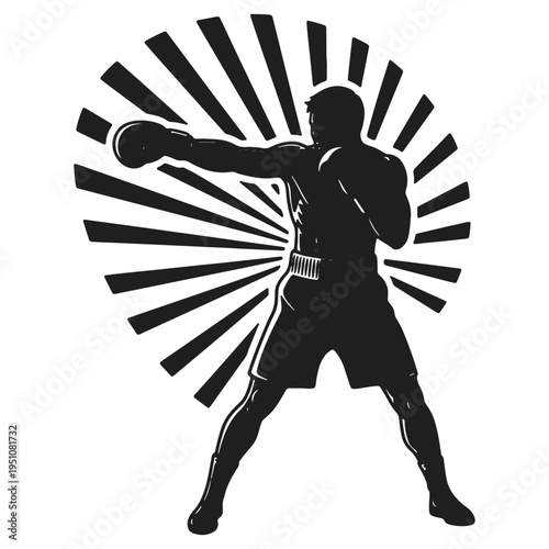 Dynamic black silhouette of a determined boxer throwing a punch with intense focus set against a radiating sunburst graphic symbolizing power and athletic prowess