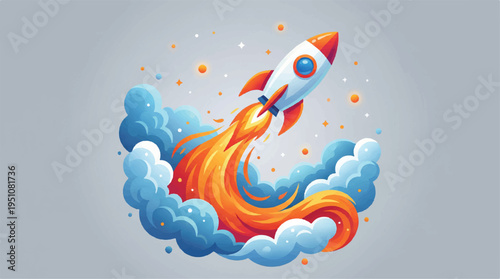 Cartoon rocket ship blasting off into the sky with clouds and stars