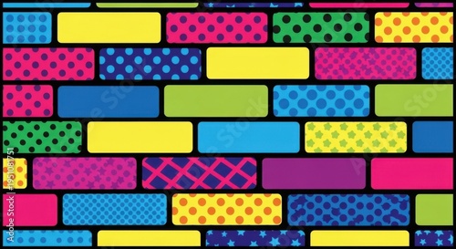 Colorful Brick Wall Pattern with Polka Dots and Geometric Designs.