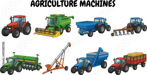 Agriculture Machines Vector Set including Tractor Combine Harvester and Farming Equipment CAD Drawing Flat Vector Illustration
